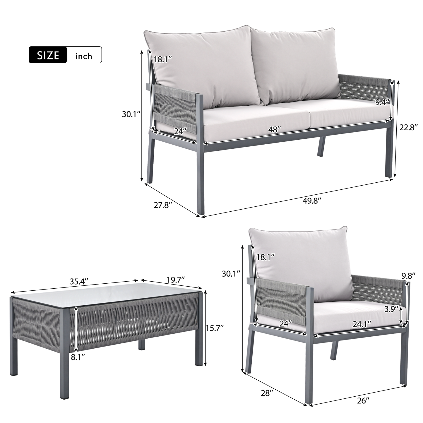 Mixon 4 Pc Patio Rope Sofa Set - Gray
