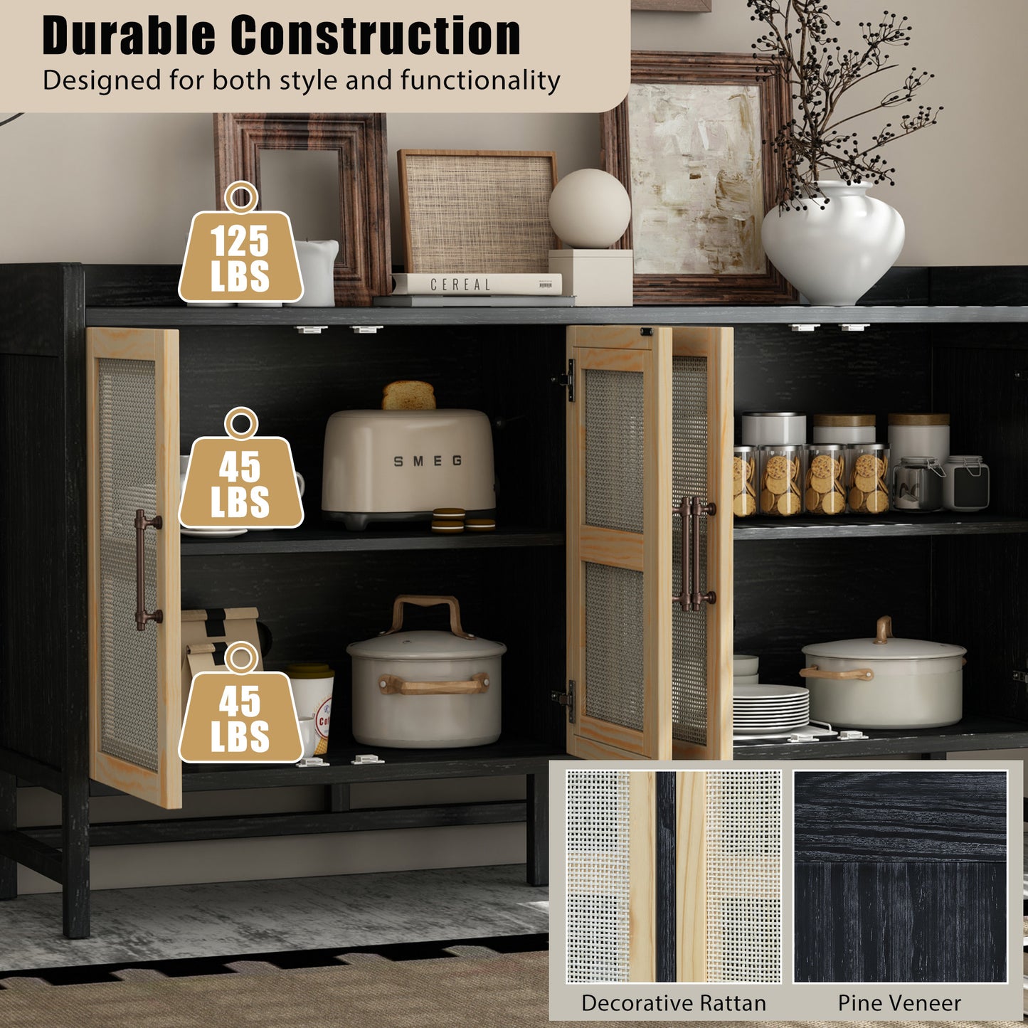Hana Rattan Doors Sideboard Buffet - Black