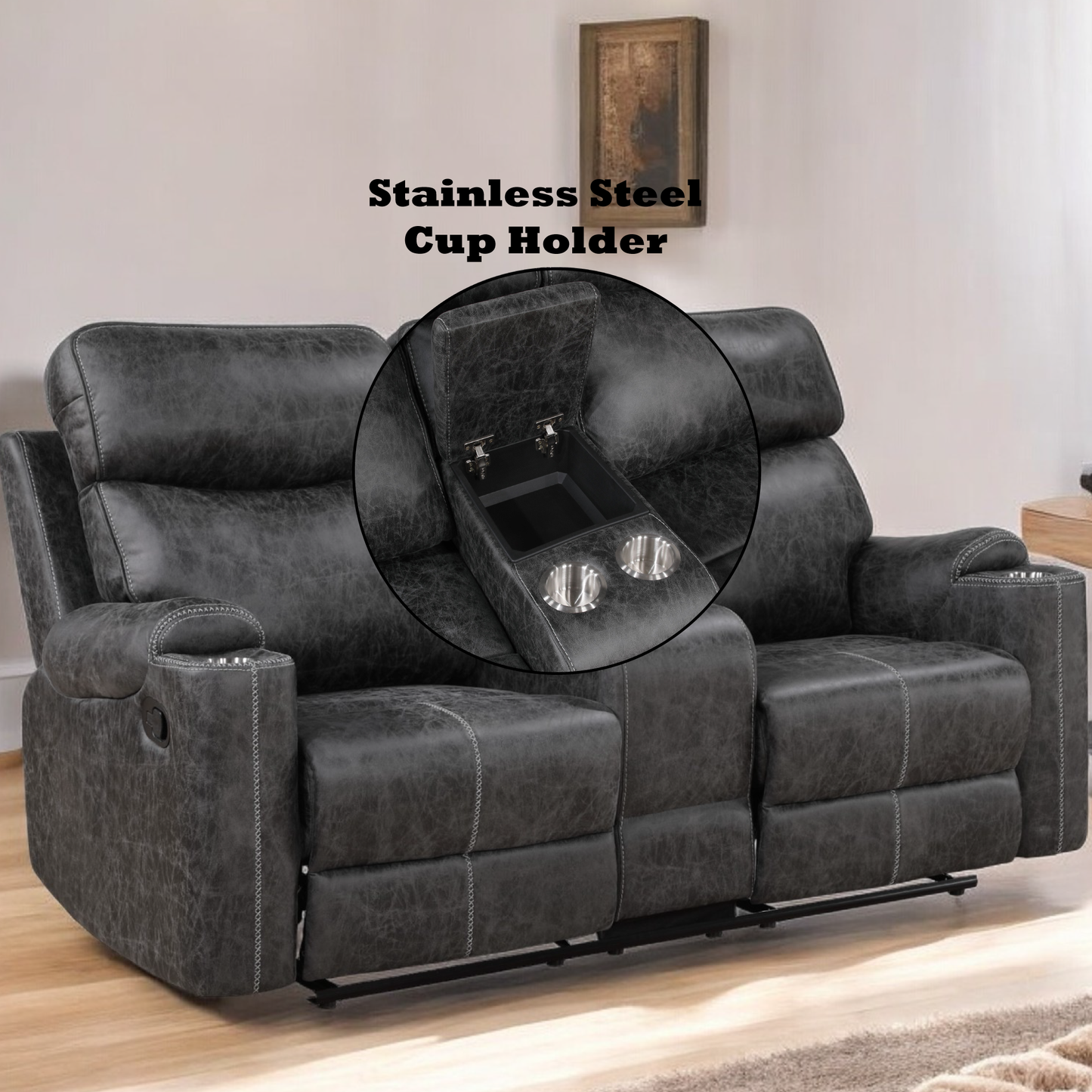ACME Hirah Motion Loveseat w/Console & USB Port, Dark Gray Polish Microfiber LV02571