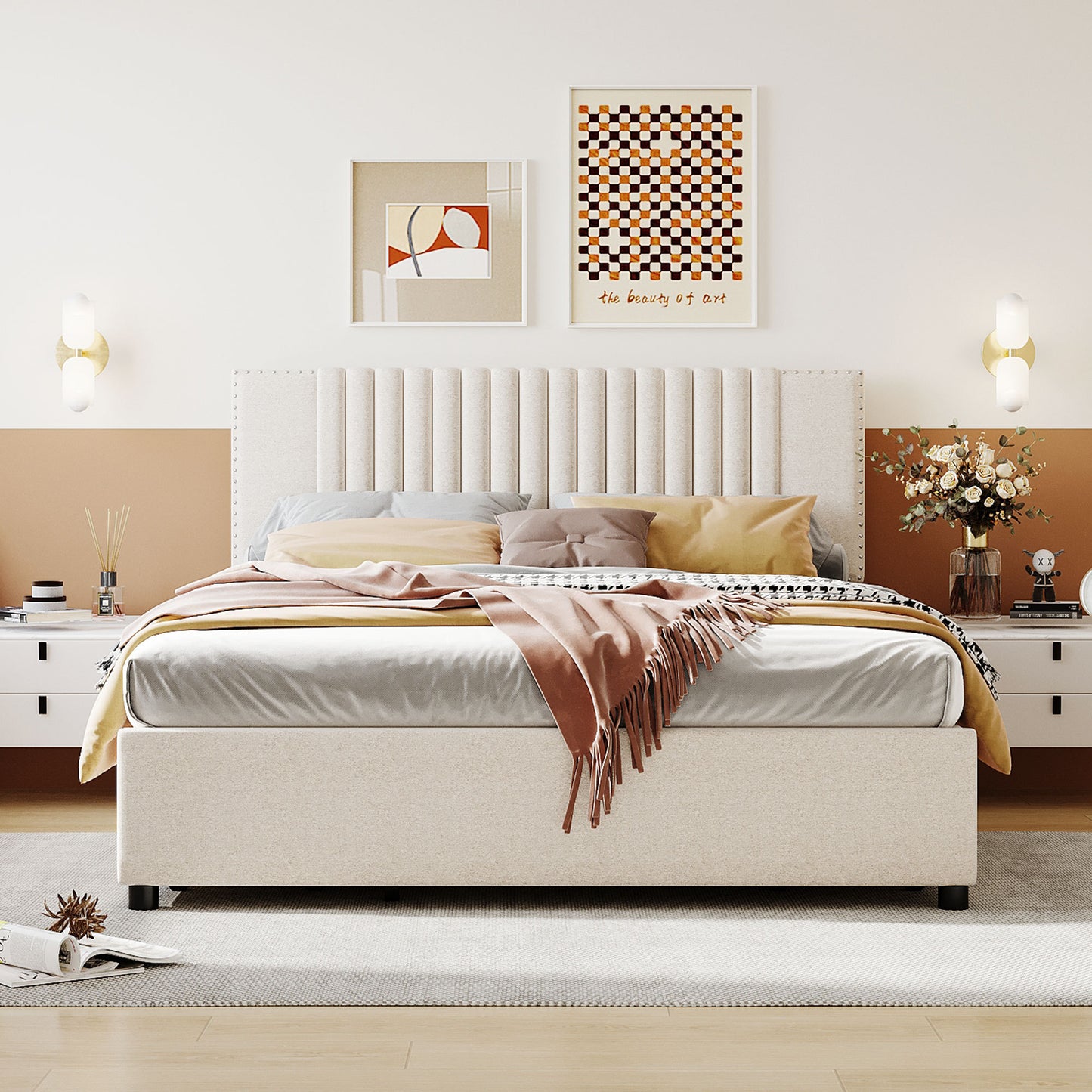 Novy Queen Size Platform Bed with Twin XL Size Trundle - Beige
