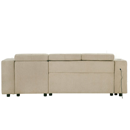 Tumic Pull-Out Sofa Bed L-Shape Sectional Sofa - Beige