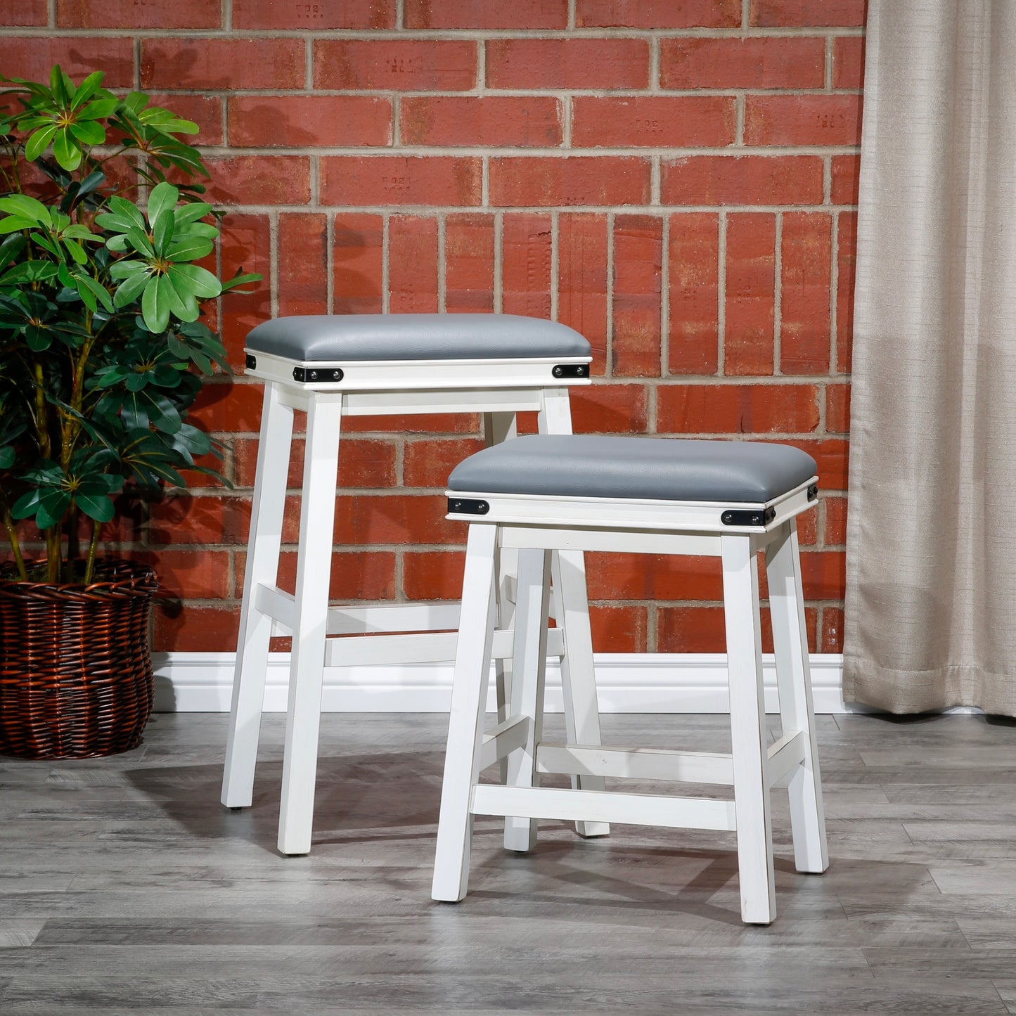Flat Counter Stool  White Finish, Black Leather Seat