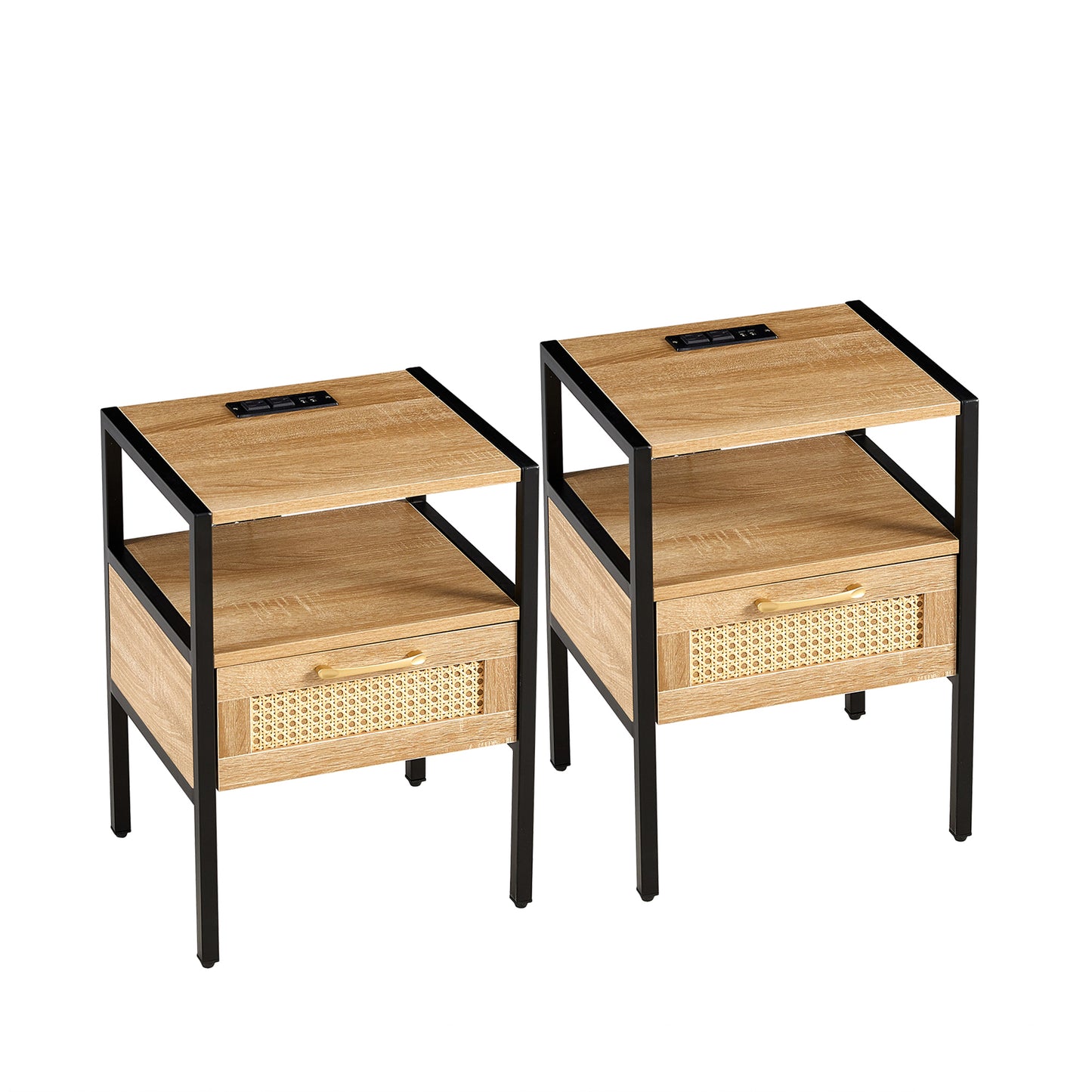 Mena II Rattan Nightstand  with Power Outlet & USB Ports ( Set of 2) - Natural