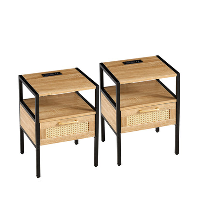 Mena II Rattan Nightstand  with Power Outlet & USB Ports ( Set of 2) - Natural
