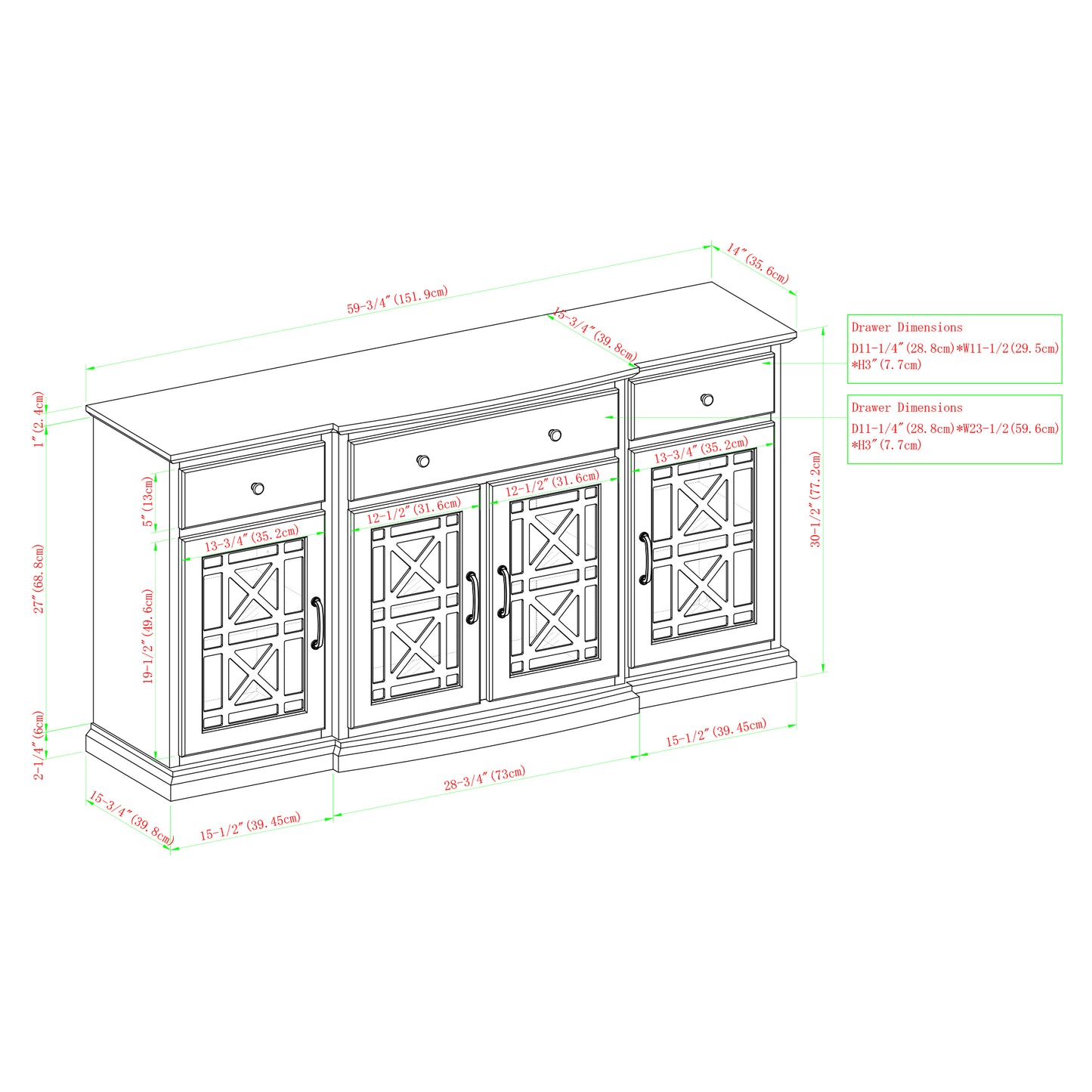 Classic Fretwork Detailed Glass-Door Sideboard - White