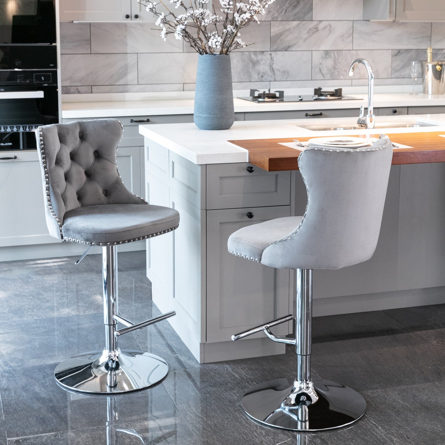 Rise 180 Velvet Barstools Adjusatble Seat Height - Black Set of 2