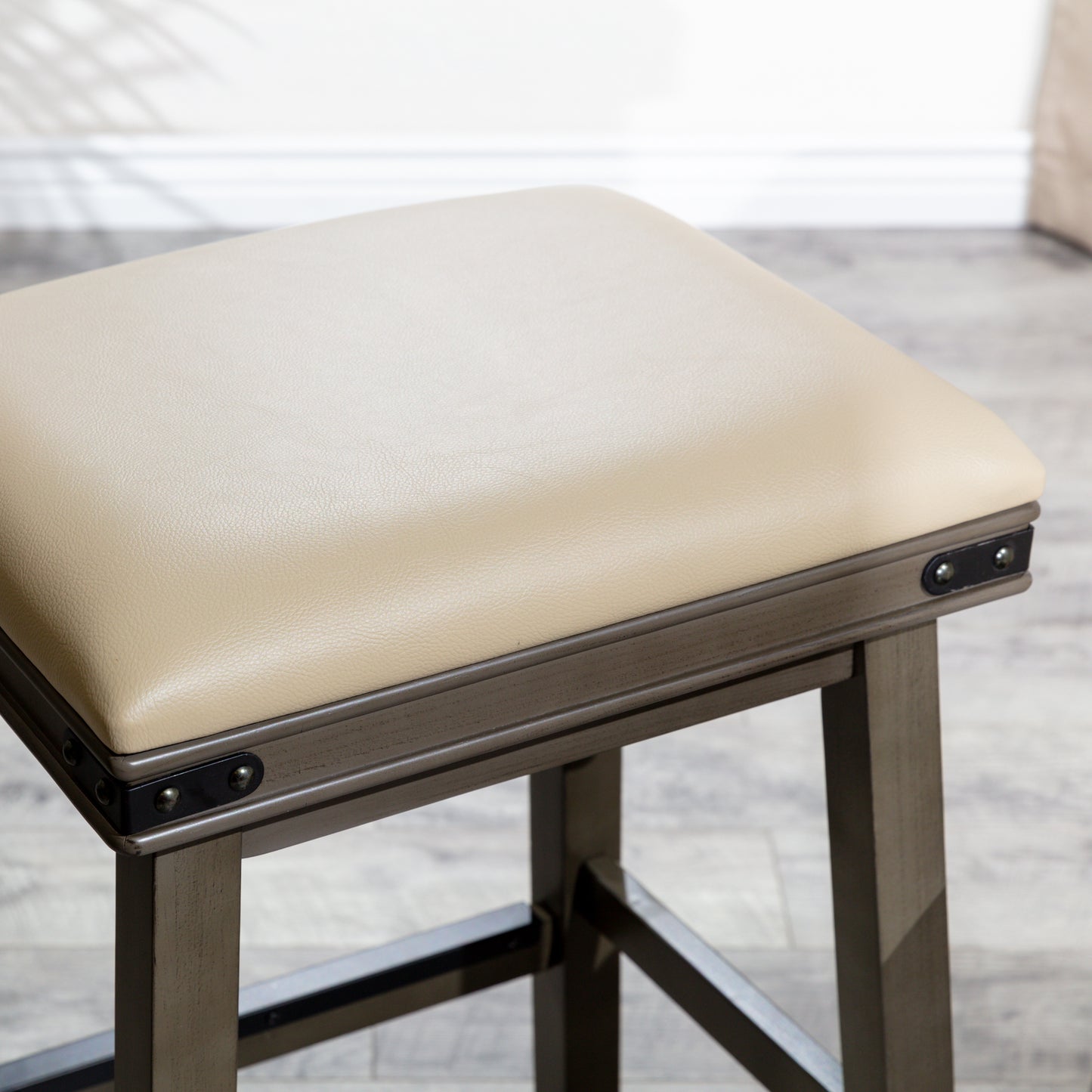 Flat Counter Stool  White Finish, Black Leather Seat