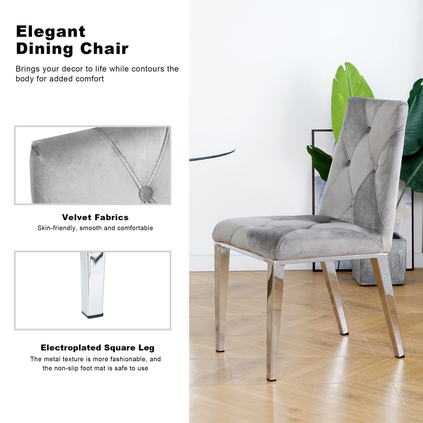 Valerio Velvet Dining Chairs with Chrome Leg (Set of 2) - Dark Gray