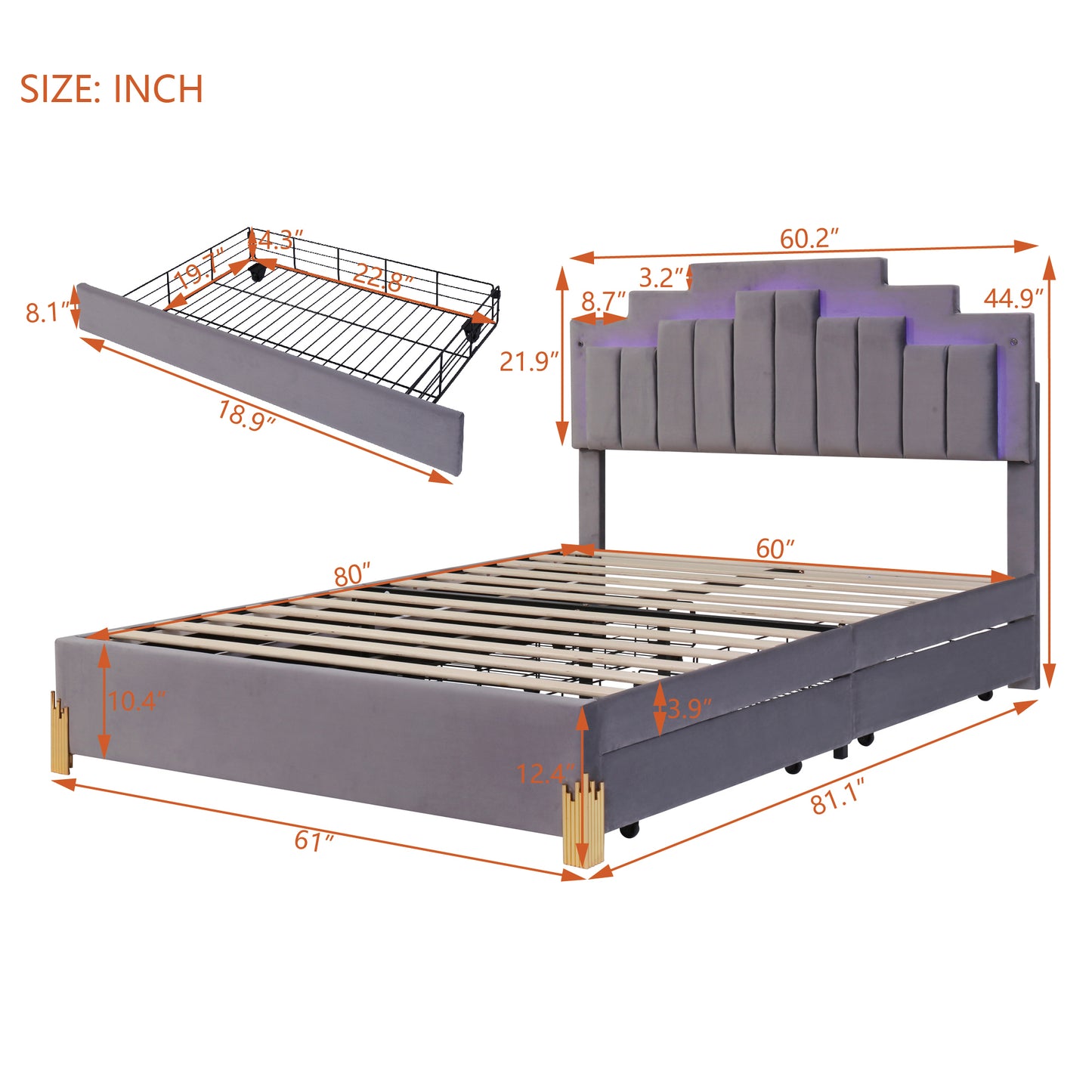 Neco Queen Size Platform Bed with LED and 4 Drawers - Gray