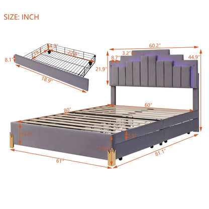 Neco Queen Size Platform Bed with LED and 4 Drawers - Gray