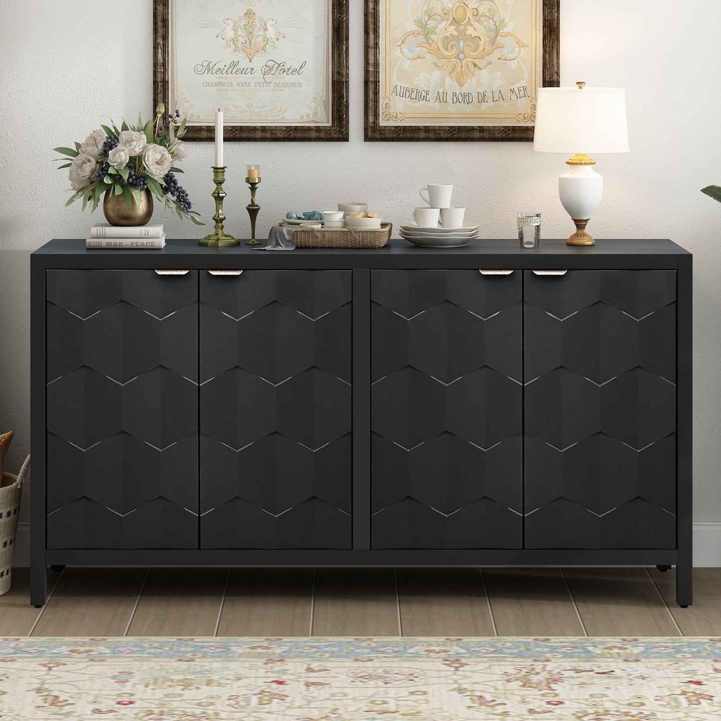 Honeycomb Patterned Doors Sideboard Buffet - Black