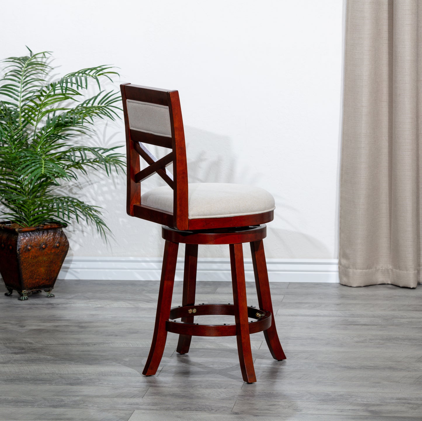 Counter Height X-Back Swivel Stool, Cherry Finish, Beige Fabric Seat