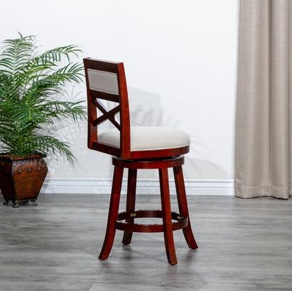 Counter Height X-Back Swivel Stool, Cherry Finish, Beige Fabric Seat