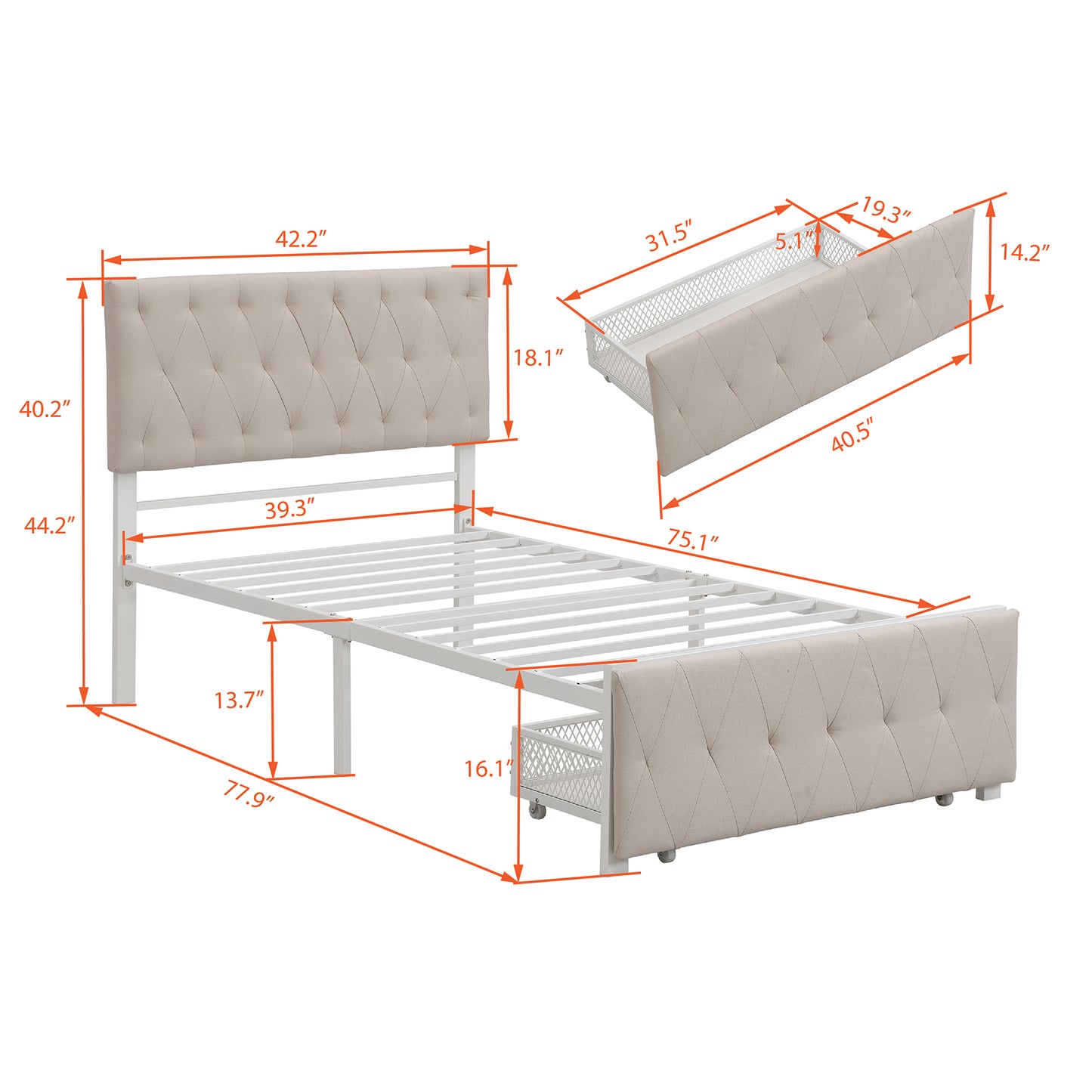 Apex Twin Size Storage Bed Metal Platform Bed with Drawer - Beige