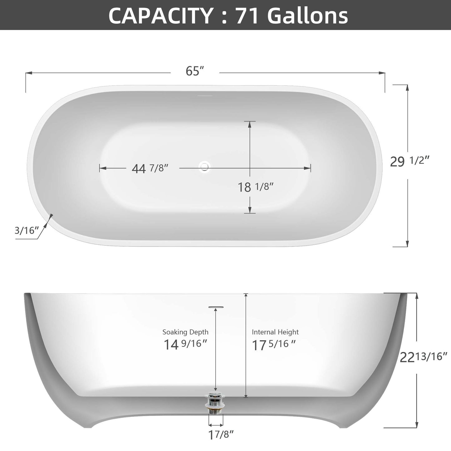 Hana 65" Oval Shape  Acrylic Freestanding  Soaking Bathtub - Gloss White
