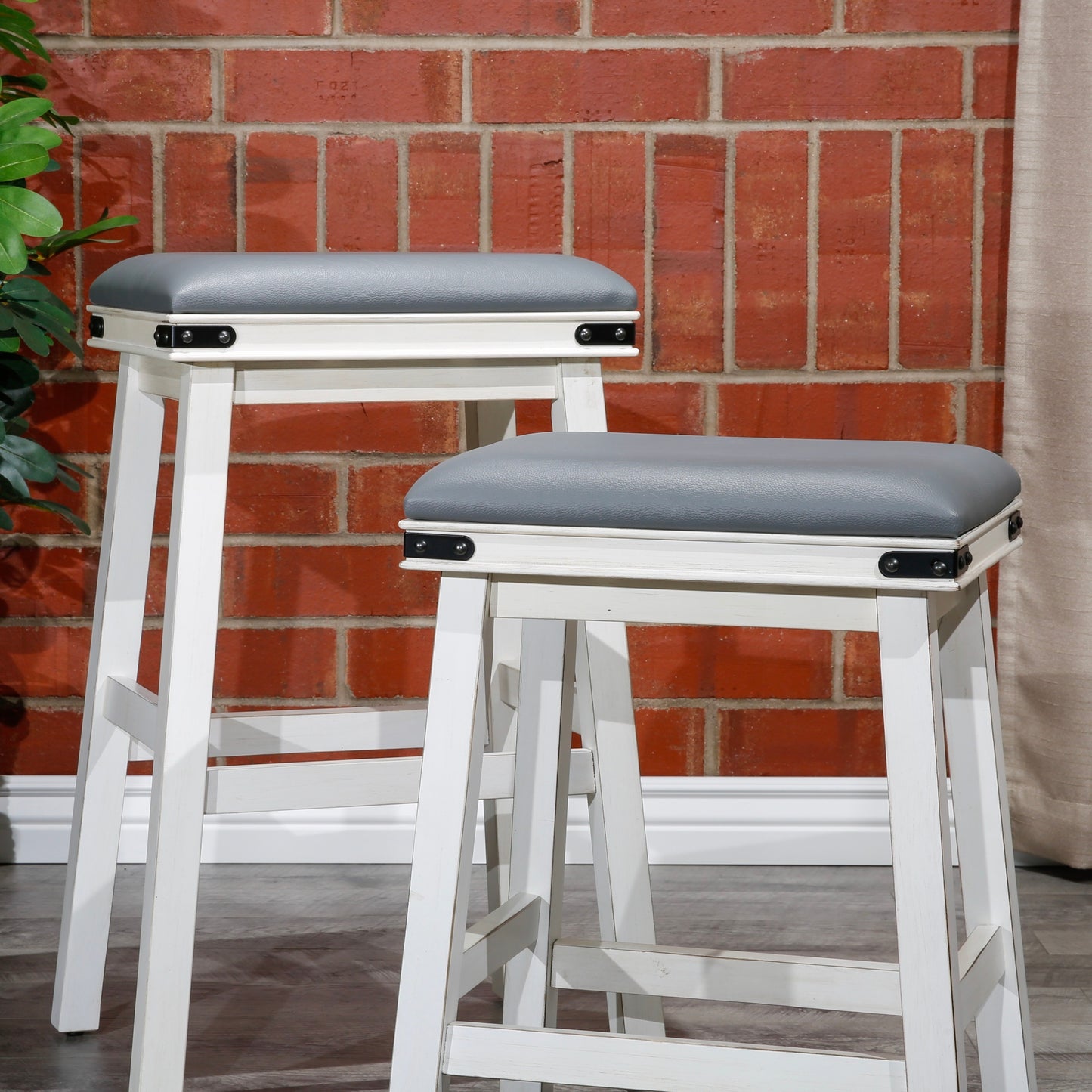 Flat Counter Stool  White Finish, Black Leather Seat