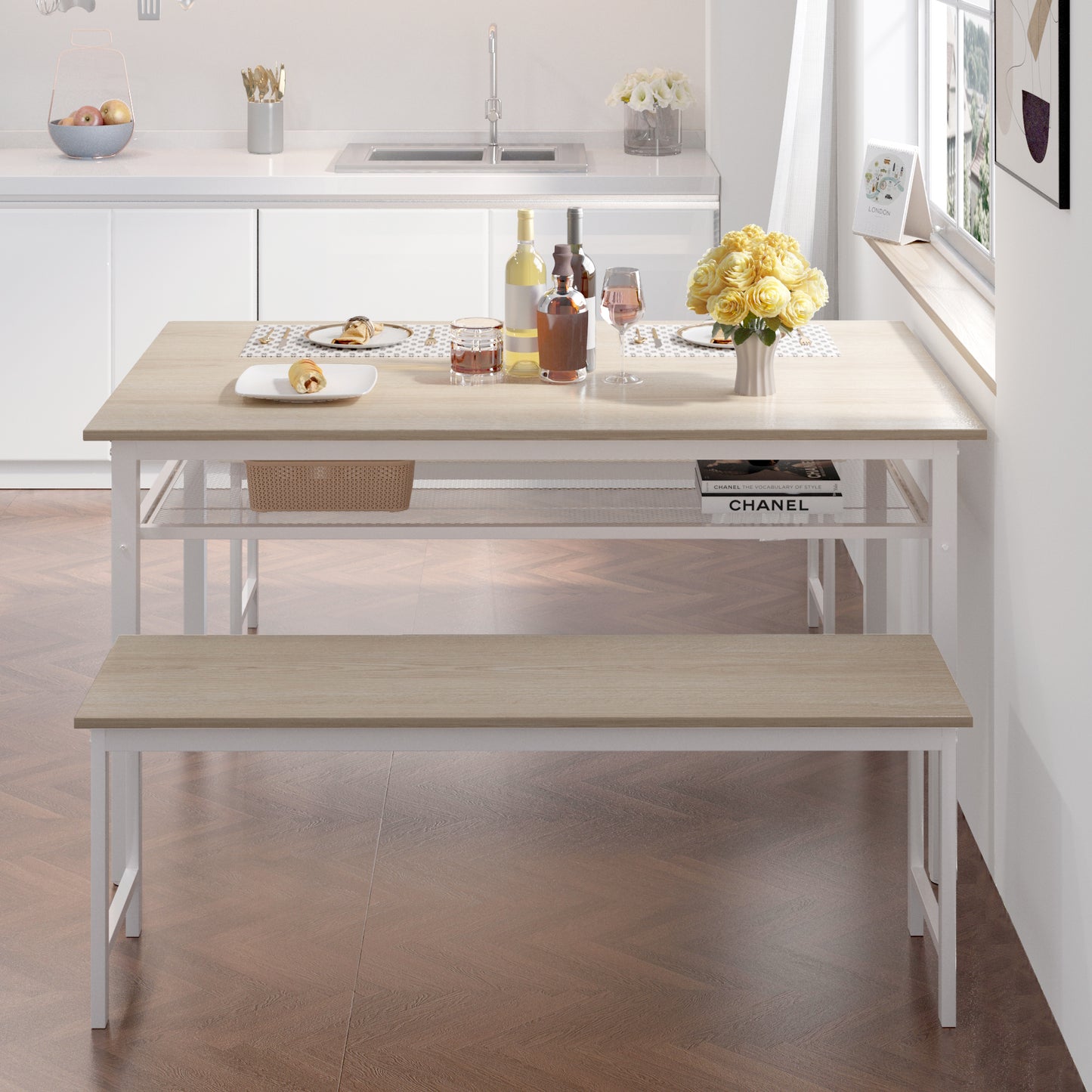 Moss 3pc Dining Set Farmhouse Table with 2 Benches - White Oak
