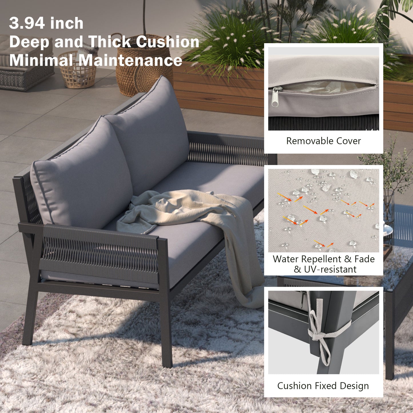 Mixon 4 Pc Patio Rope Sofa Set - Gray