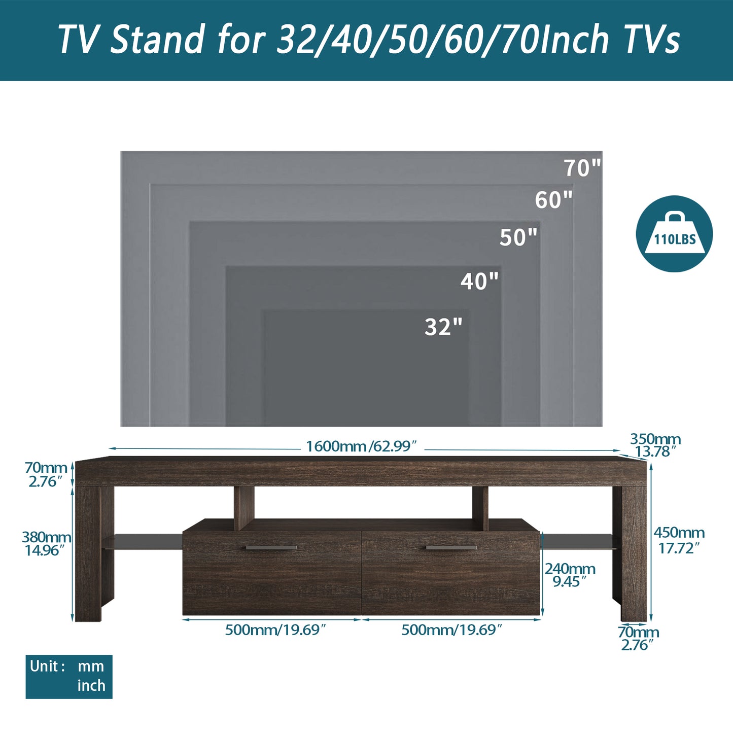 Nova 65 inches TV Stand with LED Lights - Brown