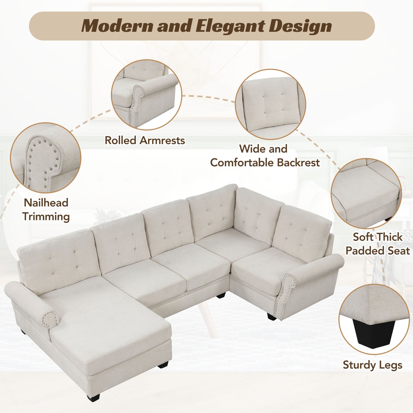 Aisha Modern U-Shaped Corner Sectional Sofa - Beige