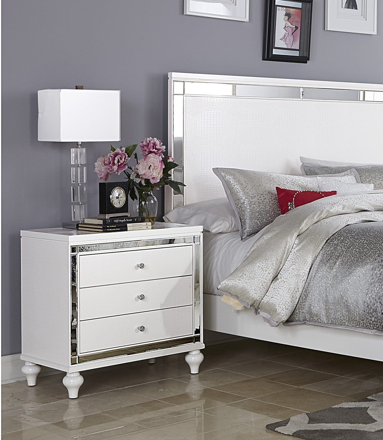 Ken II Glamorous Metallic Nightstand of 3x Drawers  Faux Alligator Embossed Front - White