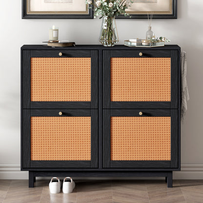 Rattan Boho Style Shoe Cabinet - Black