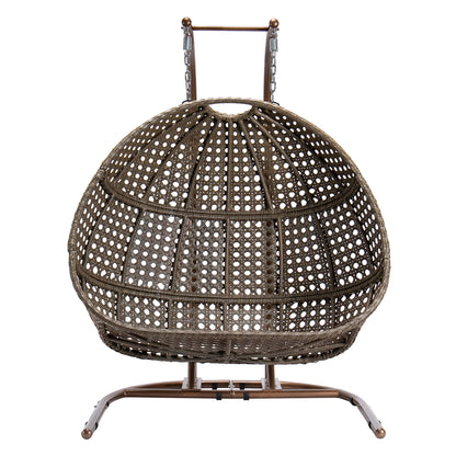 Renata Double-Seat Swing Chair with Stand and Cushion - Brown+Beige