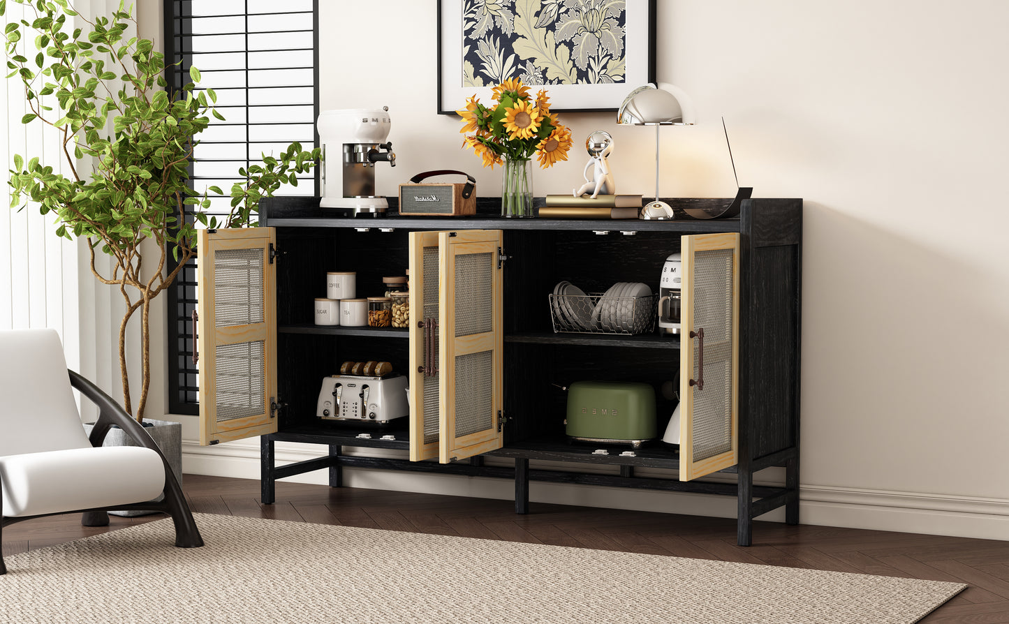 Hana Rattan Doors Sideboard Buffet - Black