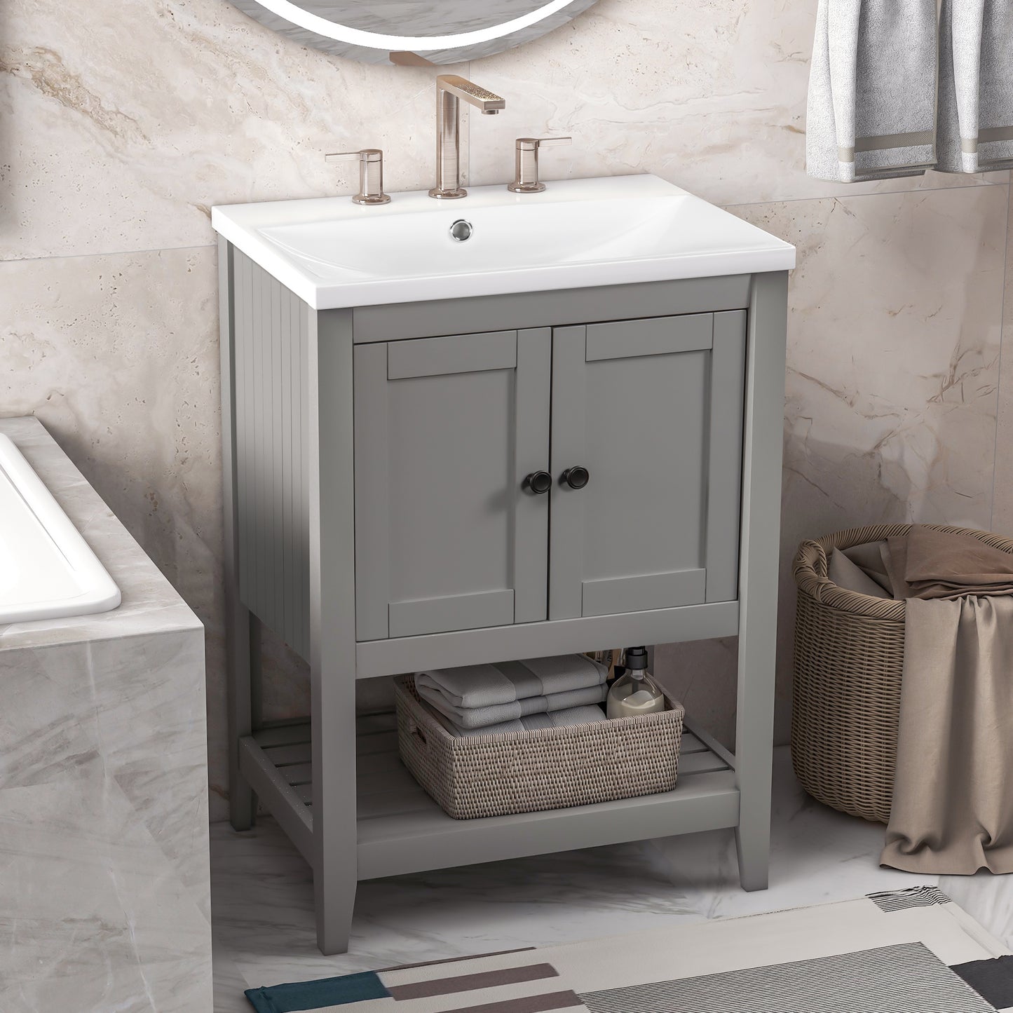 Sleek  Vanity Elegant Ceramic Sink with Solid Wood Frame - Gray