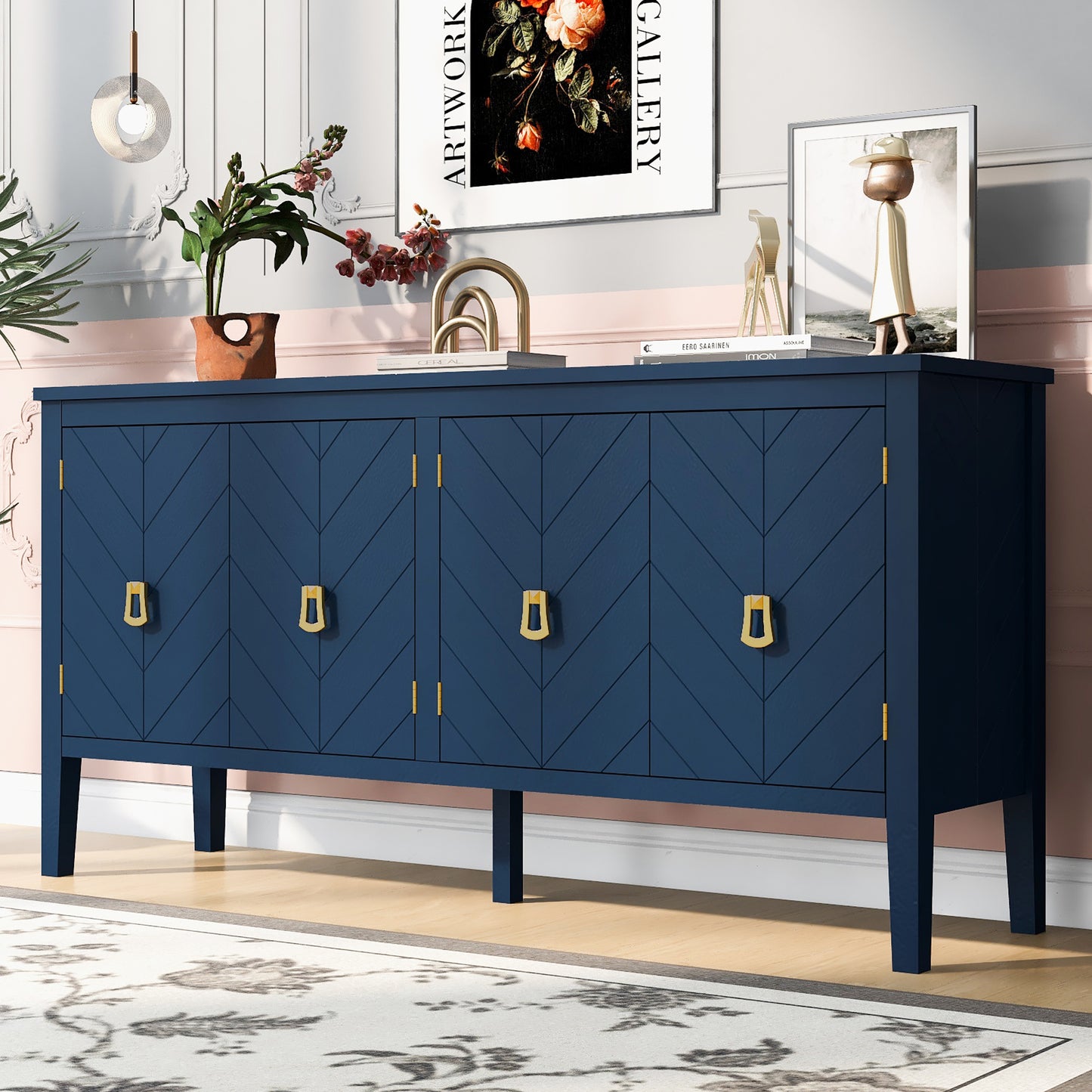 Briony Geometric Line Patterns Sideboard Buffet - Navy Blue