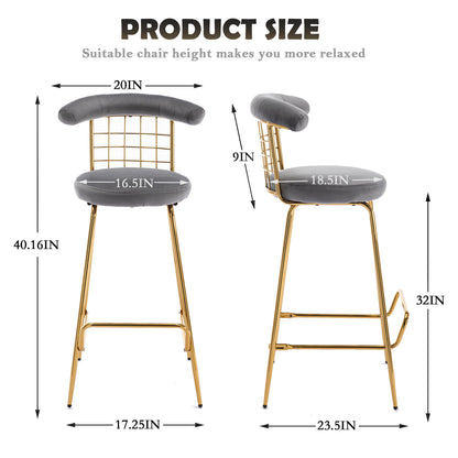 Retro Luxury Velvet  High Bar Stool  - Gray Set of 2
