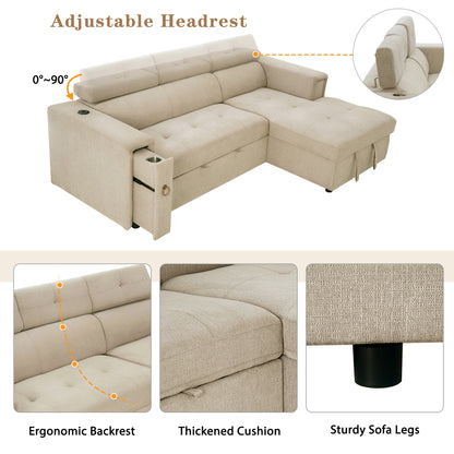 Tumic Pull-Out Sofa Bed L-Shape Sectional Sofa - Beige