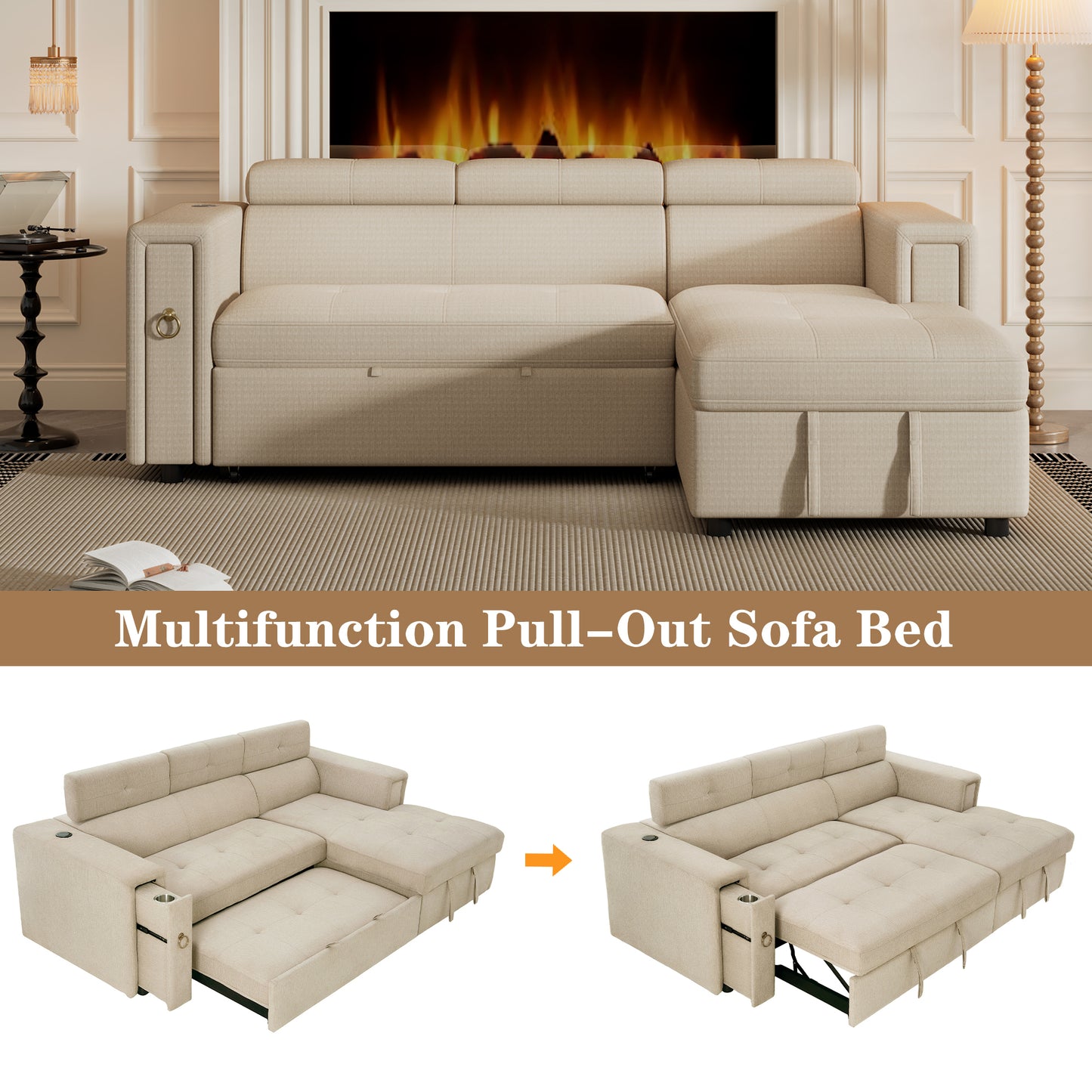 Tumic Pull-Out Sofa Bed L-Shape Sectional Sofa - Beige