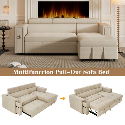 Tumic Pull-Out Sofa Bed L-Shape Sectional Sofa - Beige
