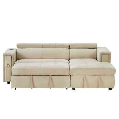 Tumic Pull-Out Sofa Bed L-Shape Sectional Sofa - Beige