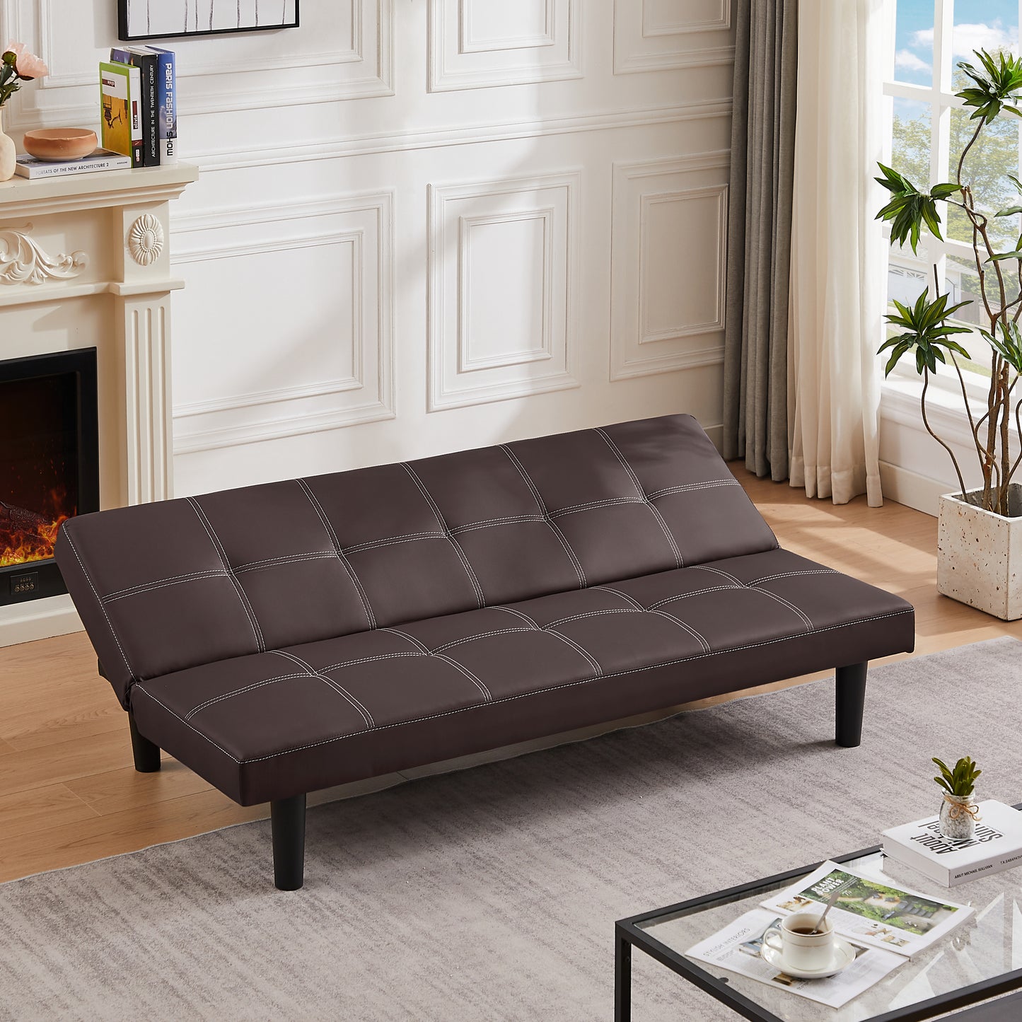 Bruno Black PU Convertible  Sofa Bed - Brown