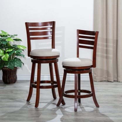 Counter Height Slat Back Swivel Stool, Cherry Finish, Beige Fabric Seatq