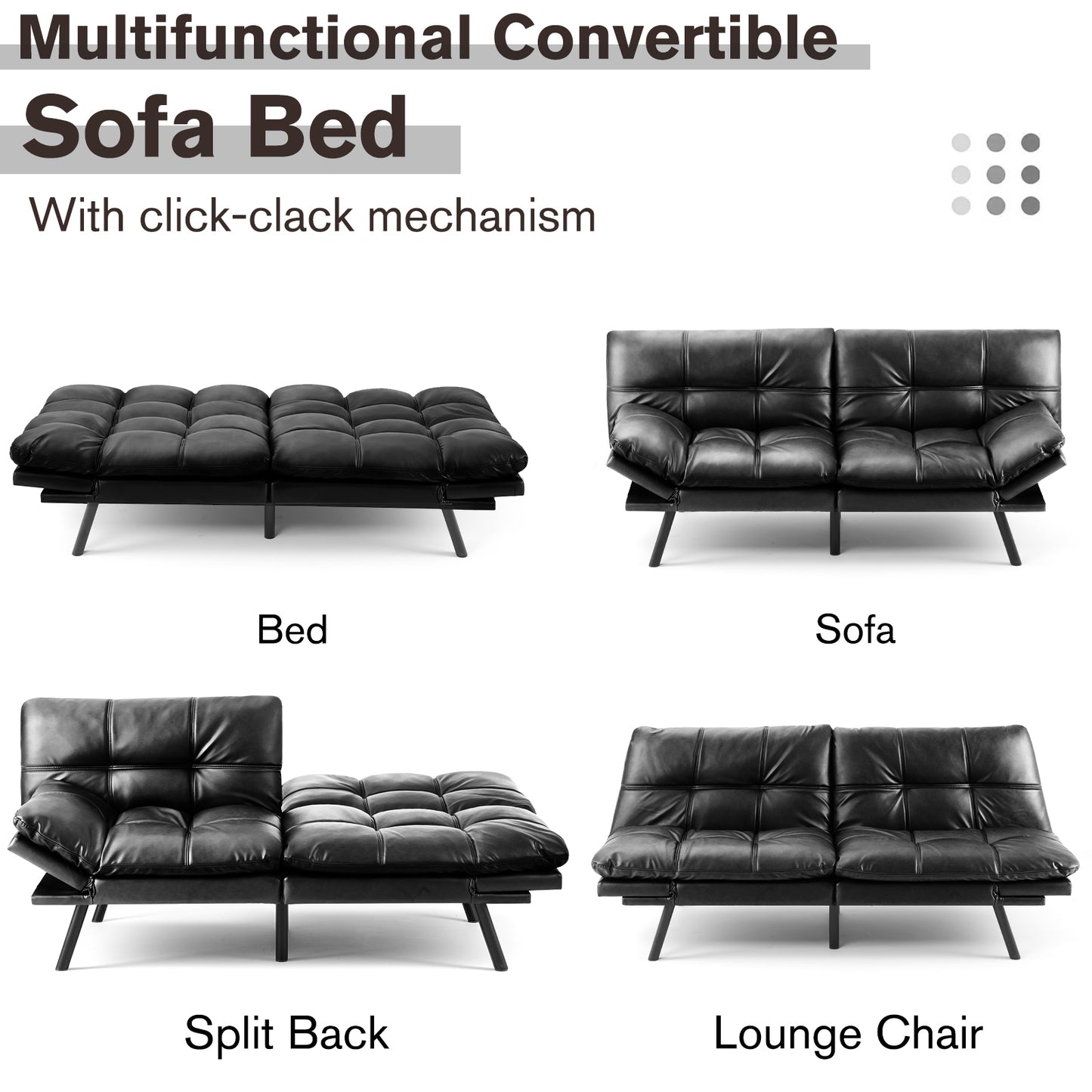 Futon Convertible Sofa Bed  - Black PU