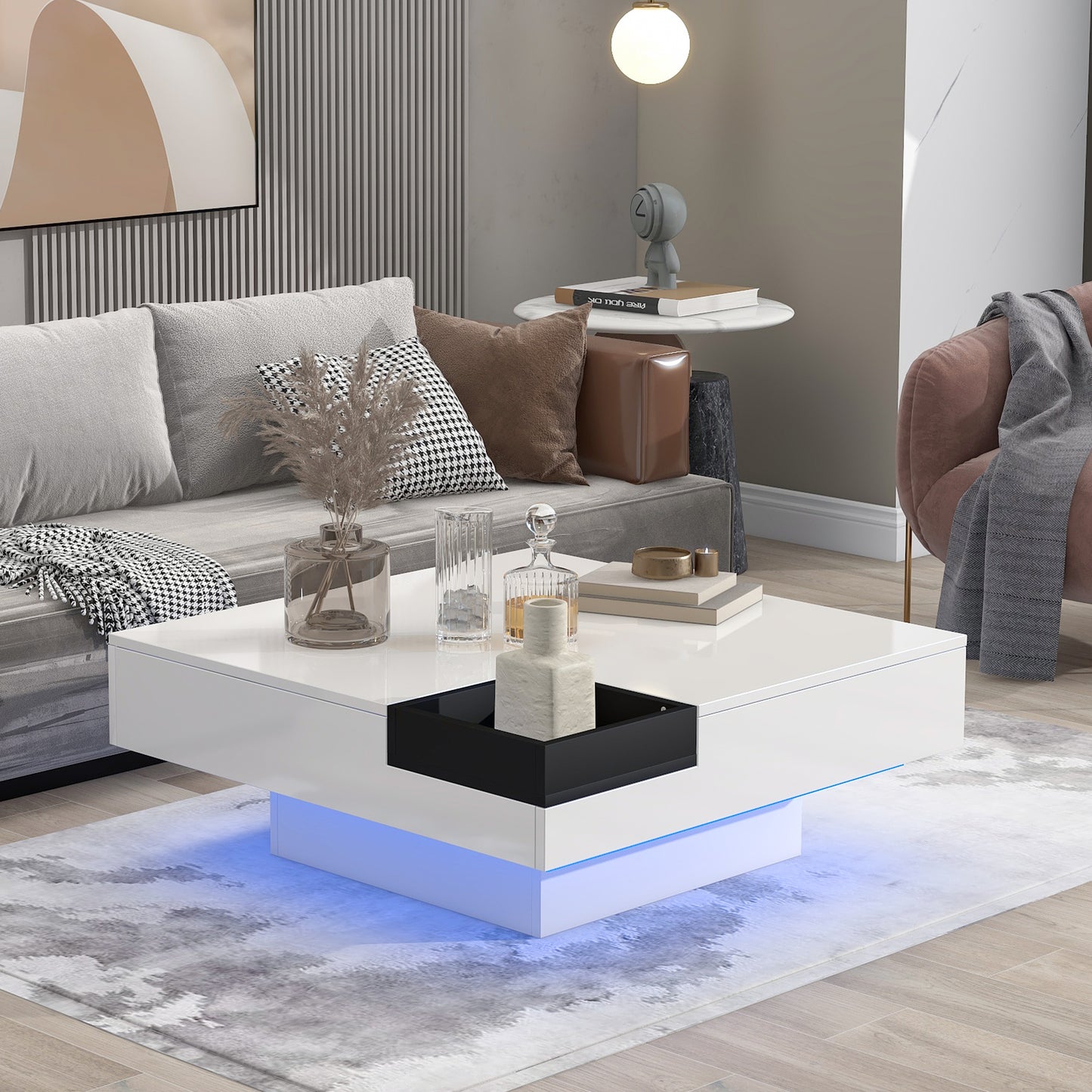 Square Coffee Table with Detachable Tray and LED Lights - White