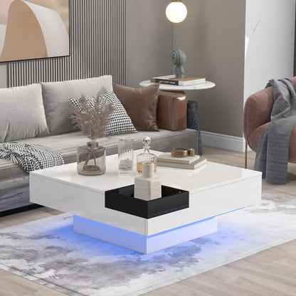 Square Coffee Table with Detachable Tray and LED Lights - White
