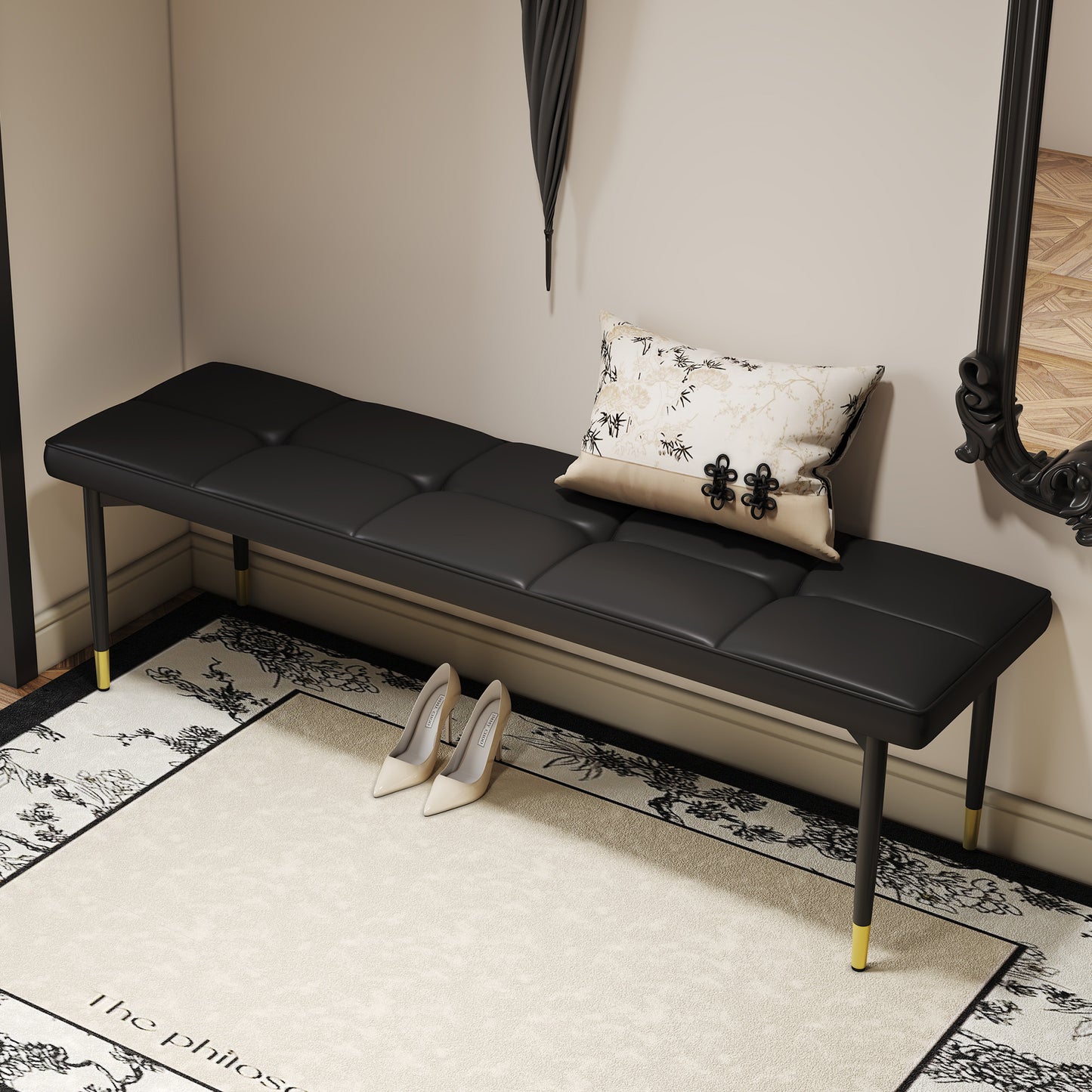Zai Faux PU Cushion Bench 59 x 17 Inch - Black