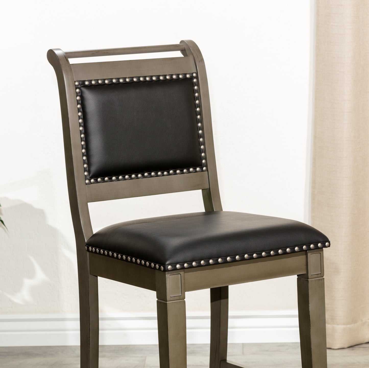 Viva Counter Stool, Weathered Gray Finish, Black Leather Seat