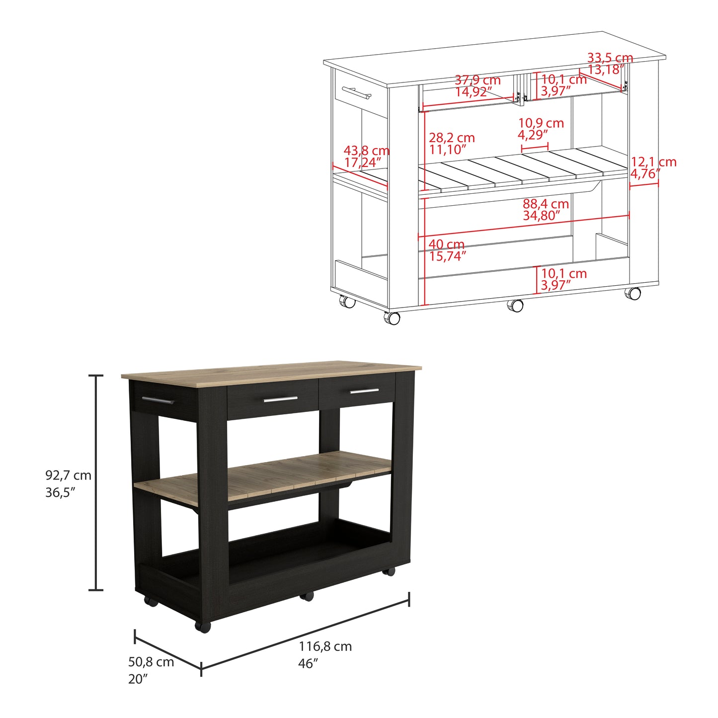 Cala Kitchen Island 46 - Black / Light Oak