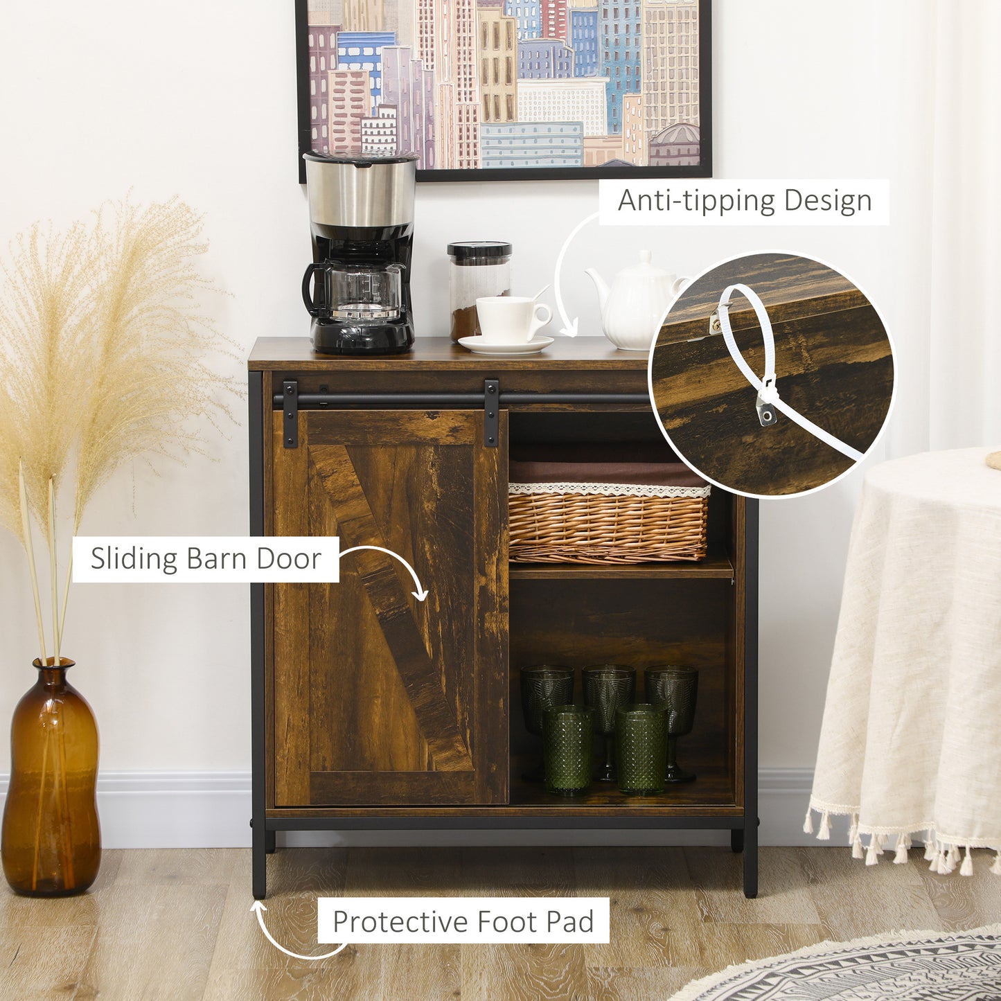 Belle Farmhouse Sideboard Buffet Cabinet - Rustic Brown