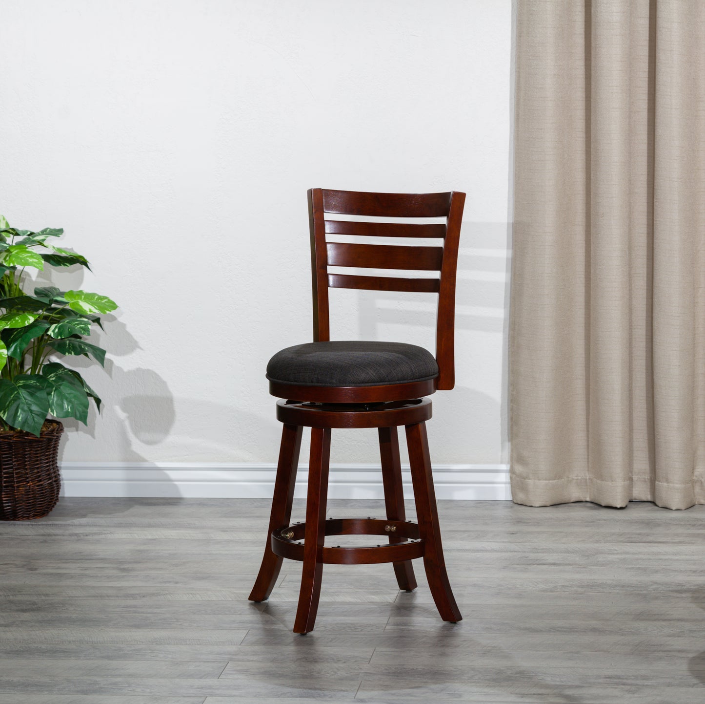 Counter Height Slat Back Swivel Stool, Cherry Finish, Charcoal Fabric Seat