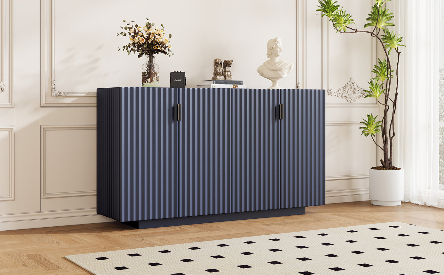 Lyons 4 Wavy Doors Ample Storage Space Sideboar - Navy Blue
