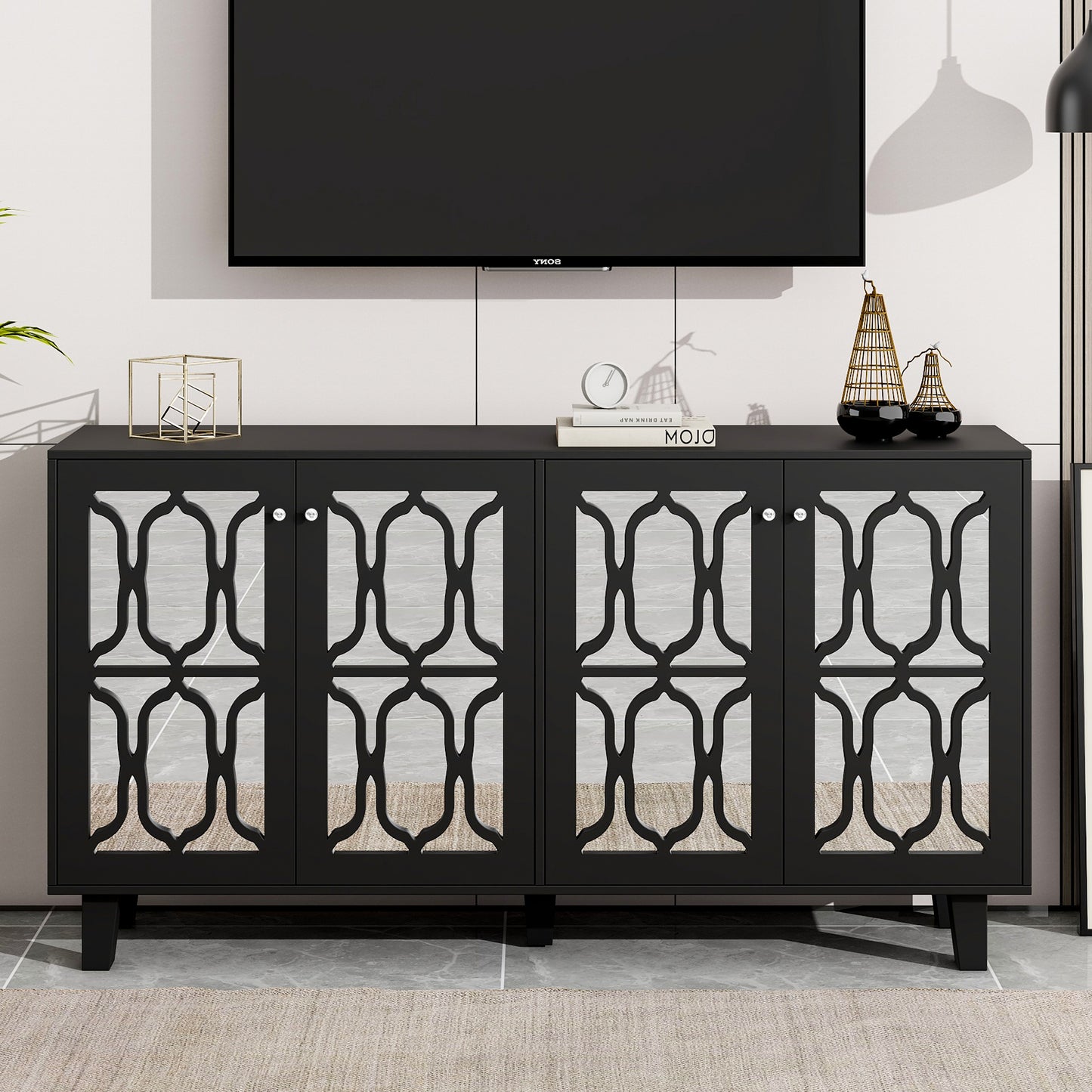 Hynes 4-Door Mirror Buffet Cabinet - Black