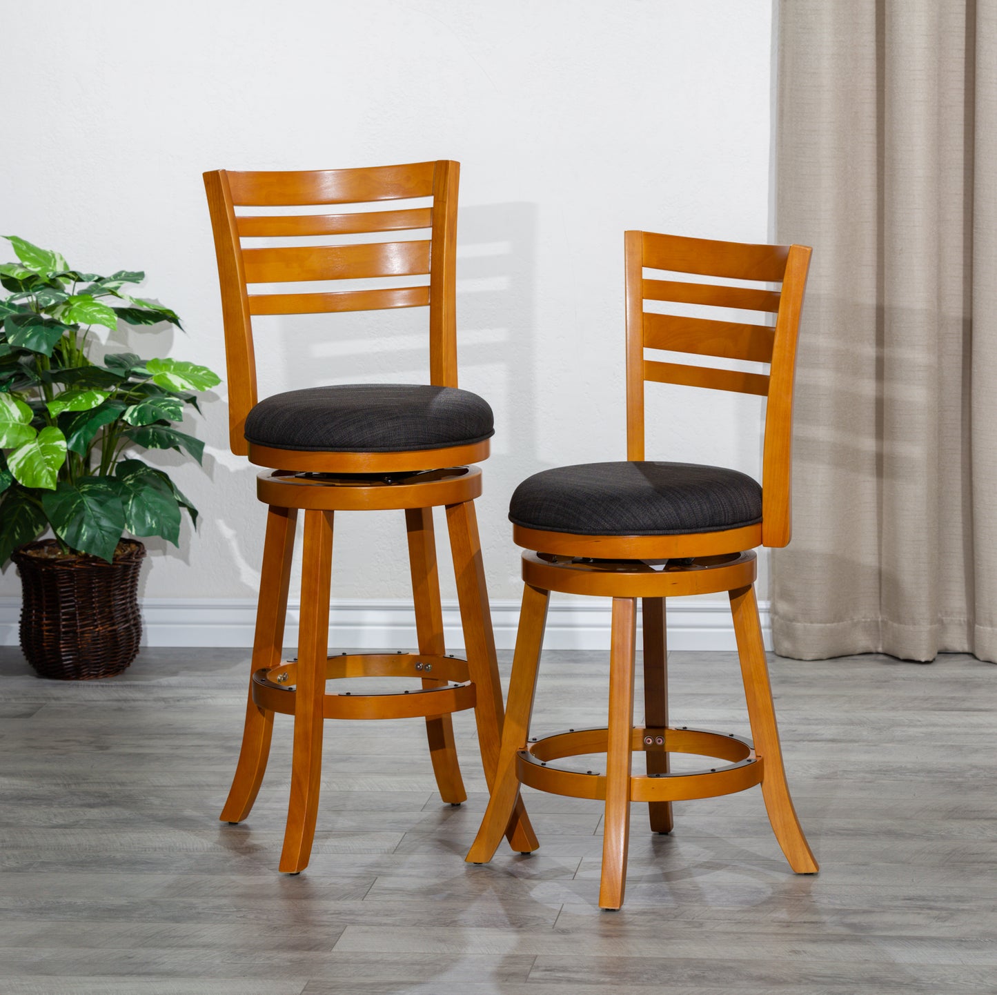 Counter Height Slat Back Swivel Stool, Natural Finish, Charcoal Fabric Seat