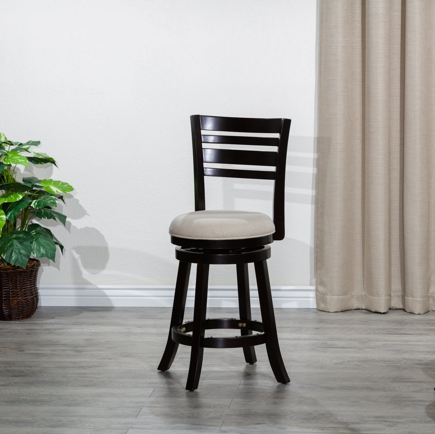 Counter Height Slat Back Swivel Stool, Espresso Finish, Beige Fabric Seat
