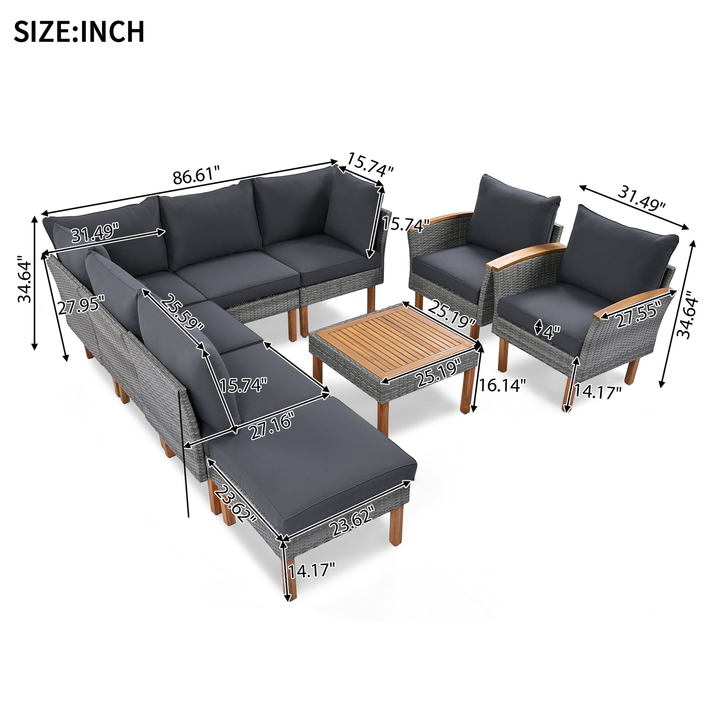 Dario 9 Pc Patio Rattan Furniture Set - Gray